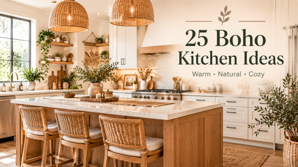 Boho kitchen with warm wood, plants, rattan lighting and natural decor