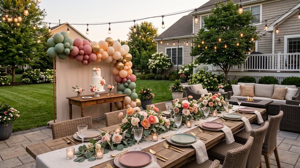 Stylish backyard birthday party with balloons, flowers, outdoor seating, and string lights