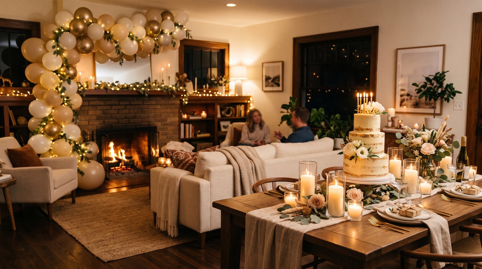 Cozy birthday party with warm fairy lights, LED candles, and elegant decorations