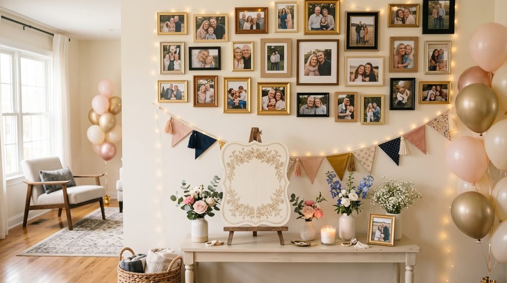 Personalized birthday decor with photos, flowers, balloons, and a welcome sign