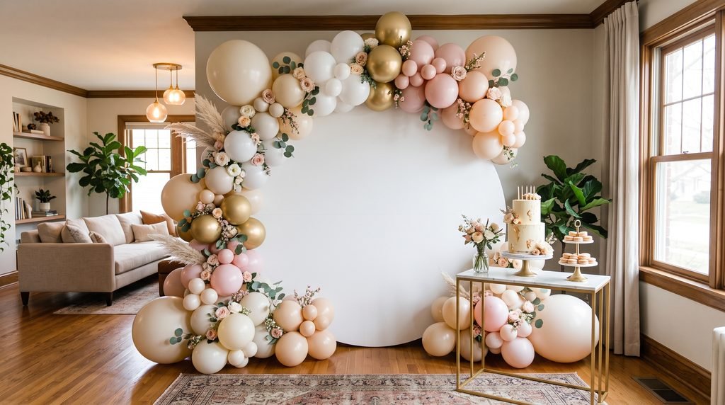 Elegant birthday balloon garland and backdrop in an American home