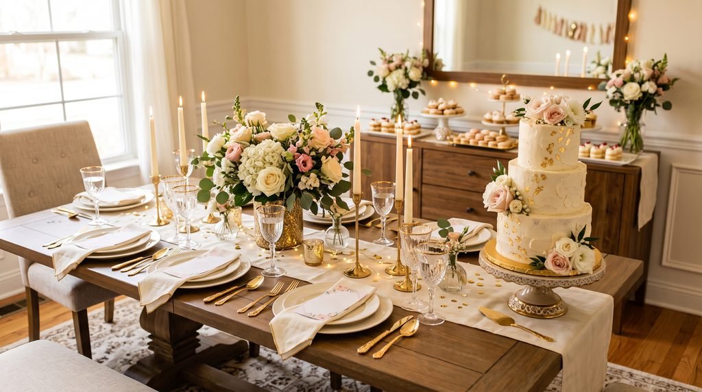 Elegant birthday party table with cake, flowers, and table decorations