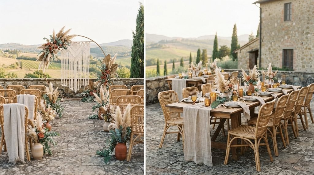 Boho wedding decor with rattan, macramé, linen and dried flowers