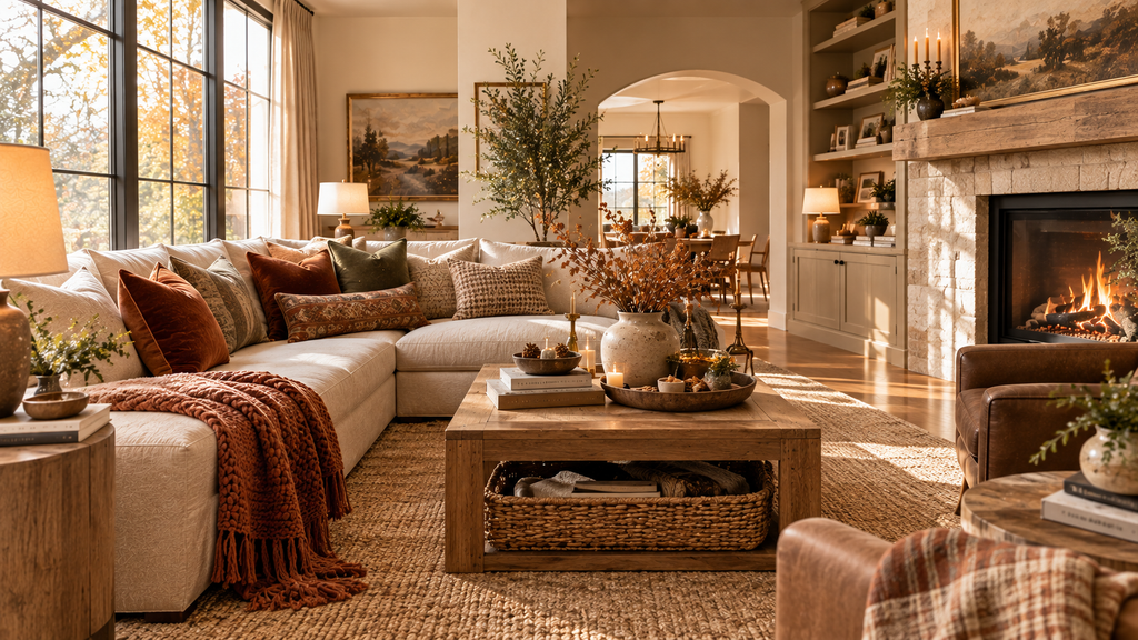 Fall 2026 living room with terracotta, olive, warm brown, natural wood, and dried branches