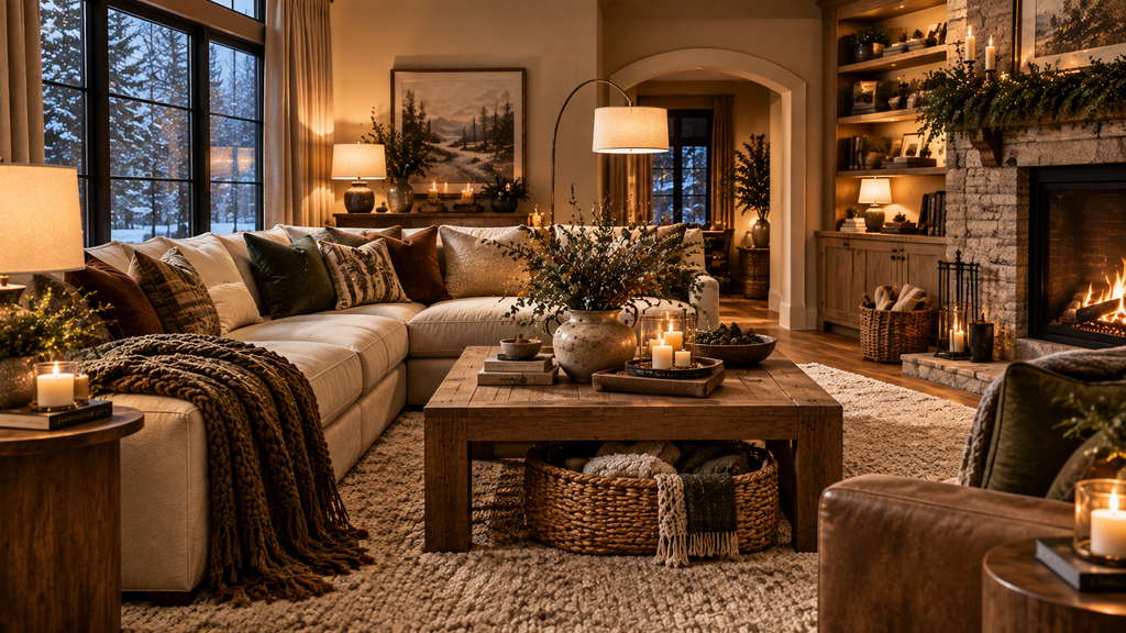 Cozy winter living room with cream sofa, knitted throw, deep green accents, and warm lighting