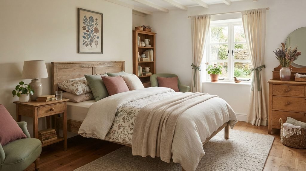 Cottagecore bedroom with soft sage, cream and dusty rose colors