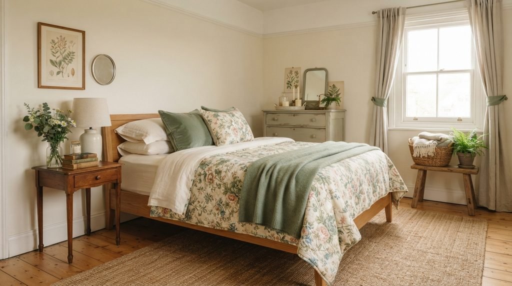 Cottagecore bedroom with vintage furniture and floral decor
