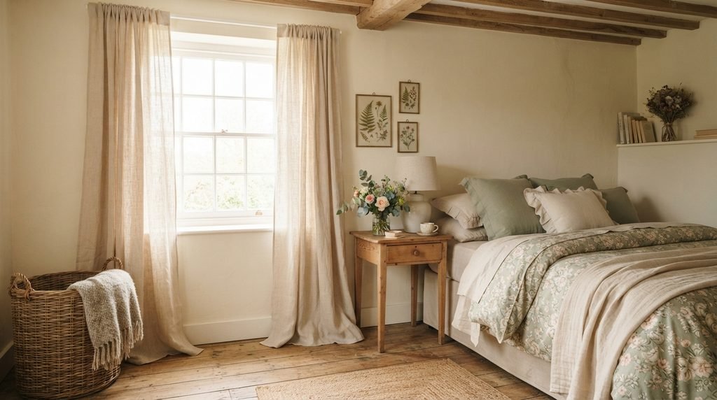 Cottagecore bedroom with light flowing curtains and floral bedding