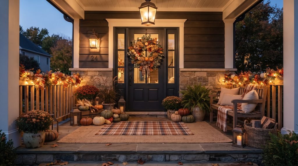 Cozy fall front porch at evening with warm lanterns, string lights, pumpkins, and wreath
