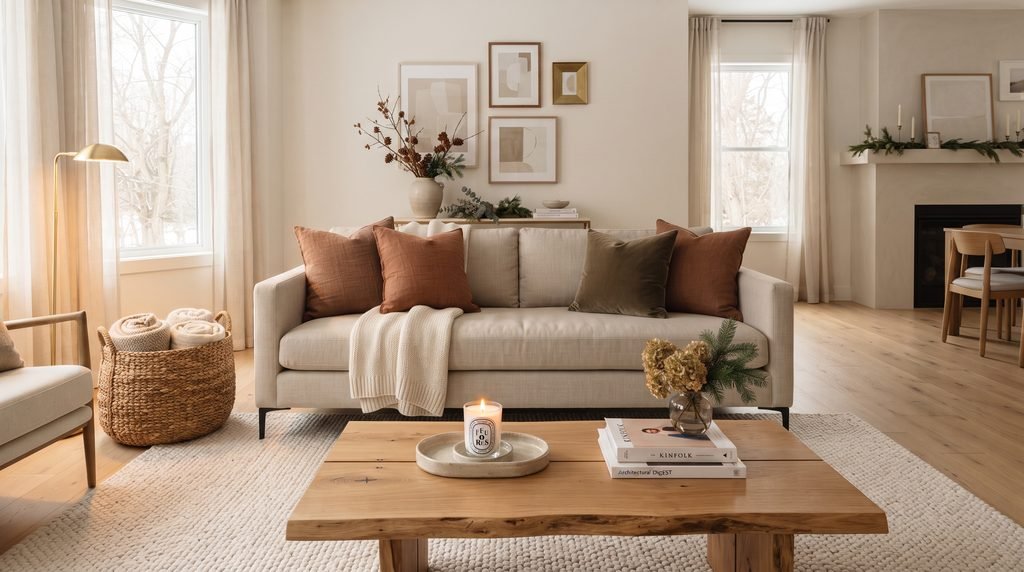 Uncluttered seasonal living room with neutral furniture, rust and olive accents, and cozy textures