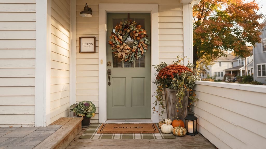 Small front porch fall decor with wreath, slim planter, pumpkins, and open walkway