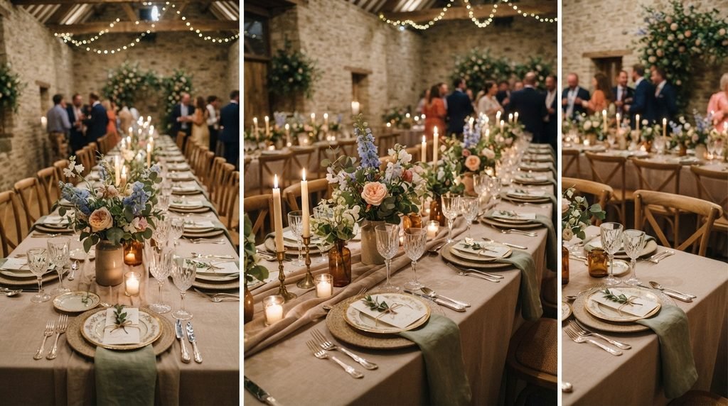 Elegant wedding reception tables with candles, flowers, place cards and mixed-size vases