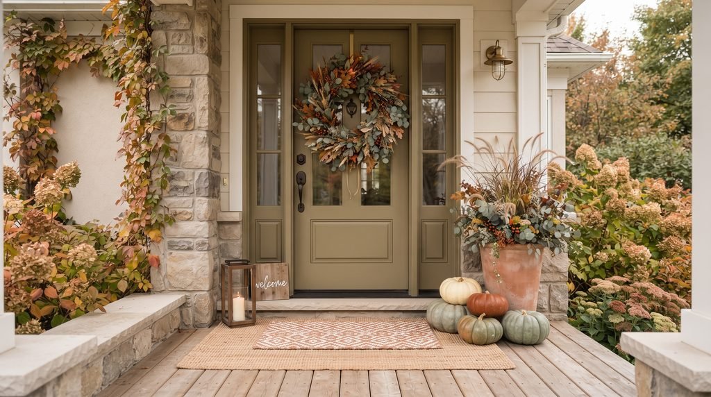 Fall front door with autumn wreath, layered doormat, pumpkins, and seasonal planter