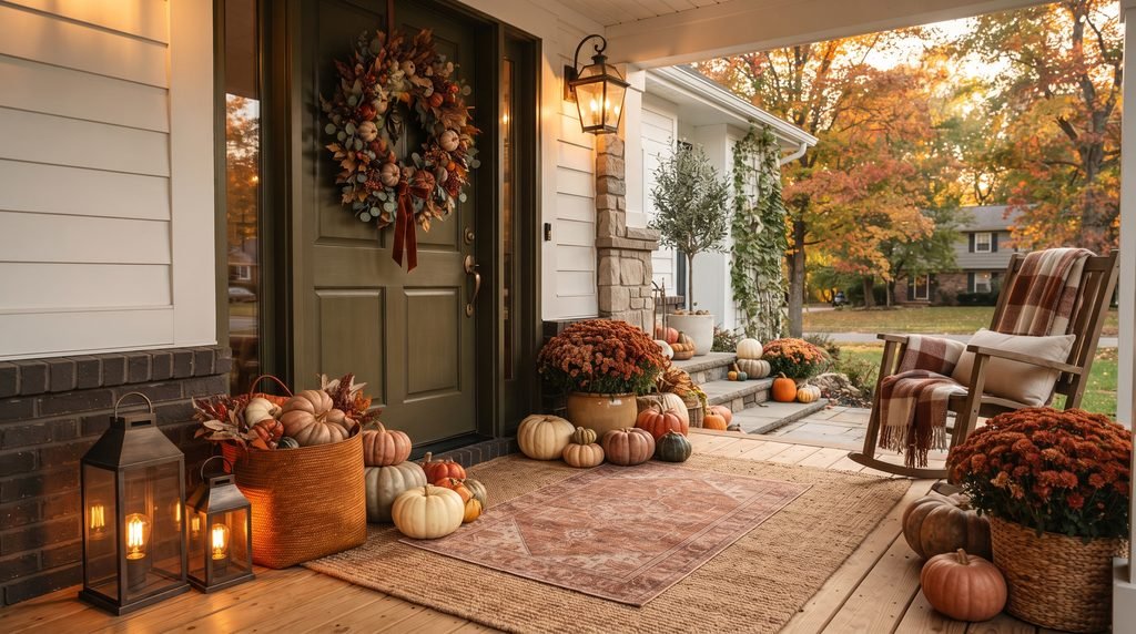 Cozy fall front porch with pumpkins, autumn wreath, mums, and warm natural textures