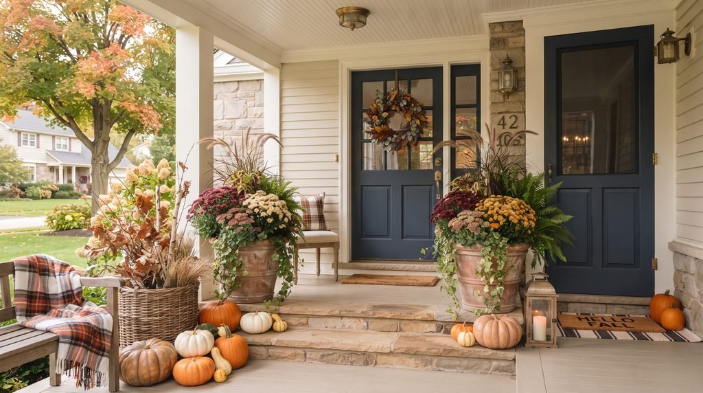 Fall front porch with mums, greenery, pumpkins, planters, and natural seasonal accents