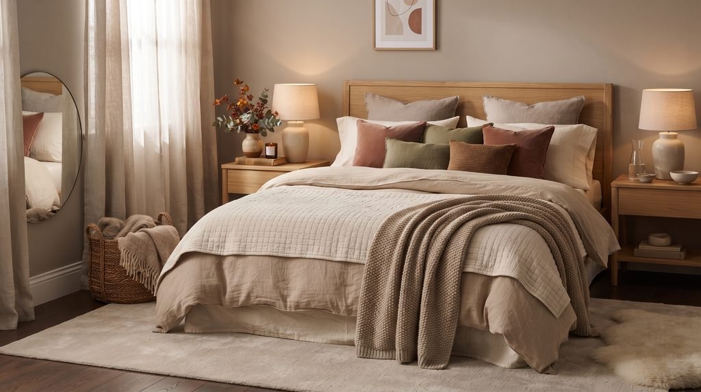 Cozy Fall and Winter bedroom with layered bedding, warm neutral colors, and natural accents