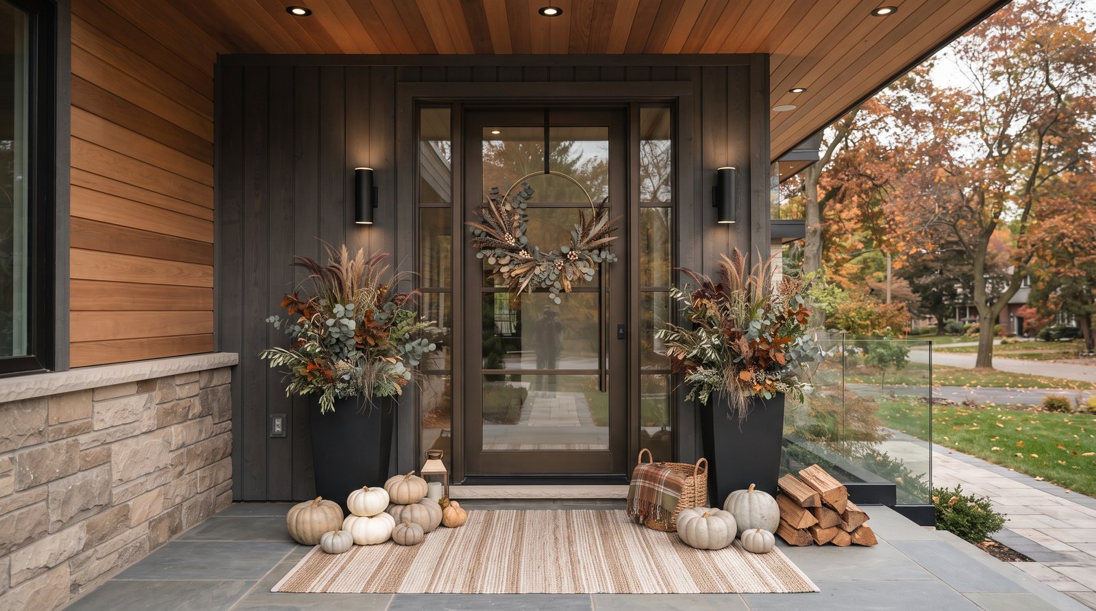 Modern neutral fall front porch with cream pumpkins, black planters, wreath, and earthy accents