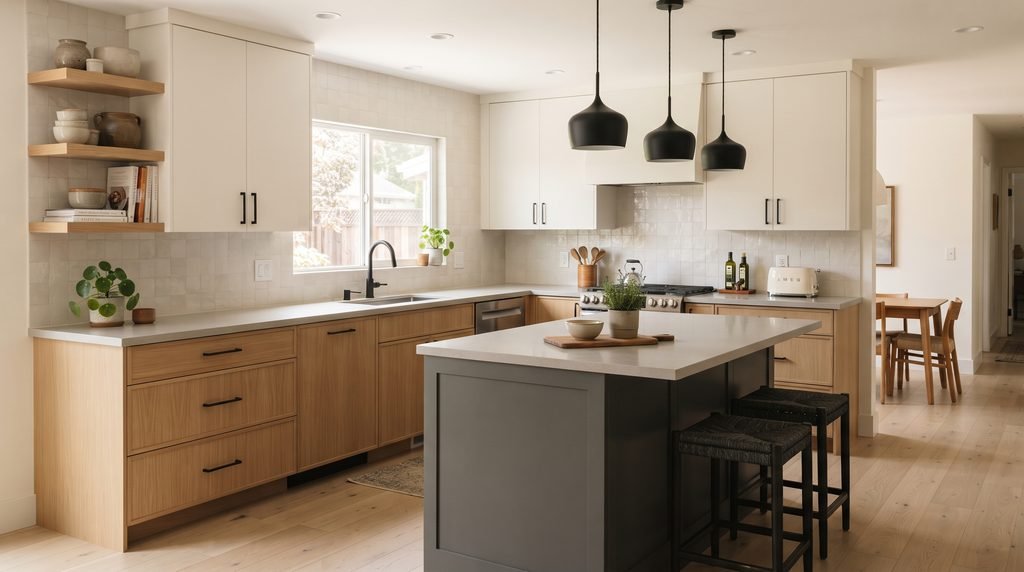 Modern two-tone kitchen with warm white, light oak, and charcoal cabinets