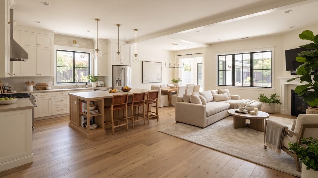 Open-concept modern kitchen with island, dining area, and connected living space