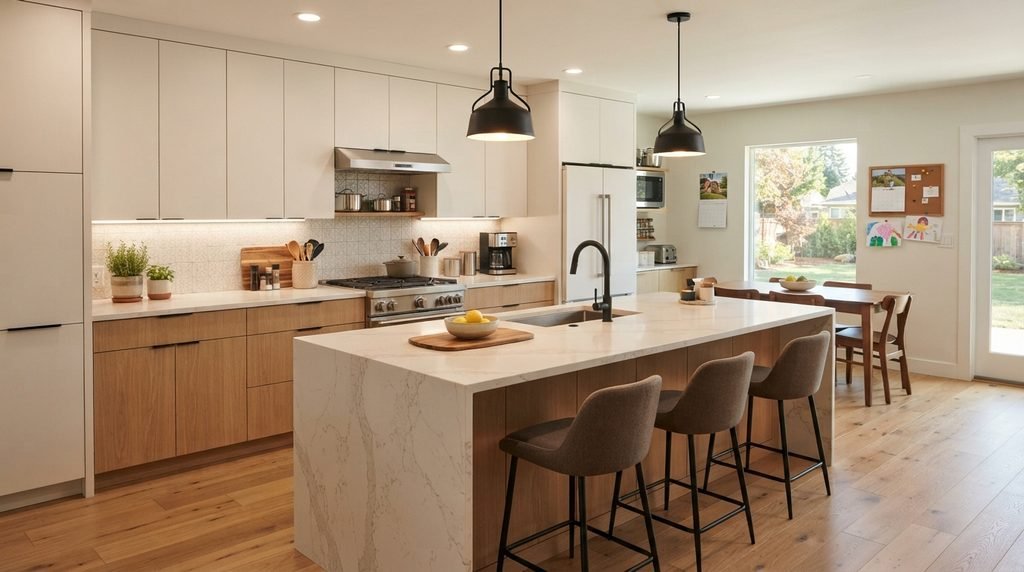 Modern kitchen decor with warm white cabinets, light oak island, and stylish lighting