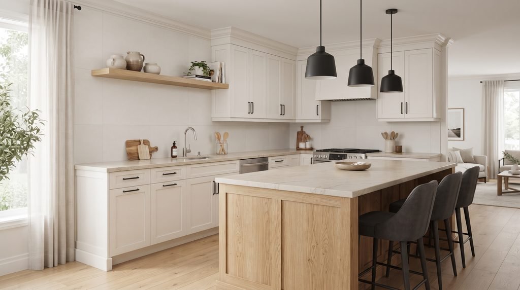 Modern kitchen with white cabinets, quartz countertops, and neutral backsplash