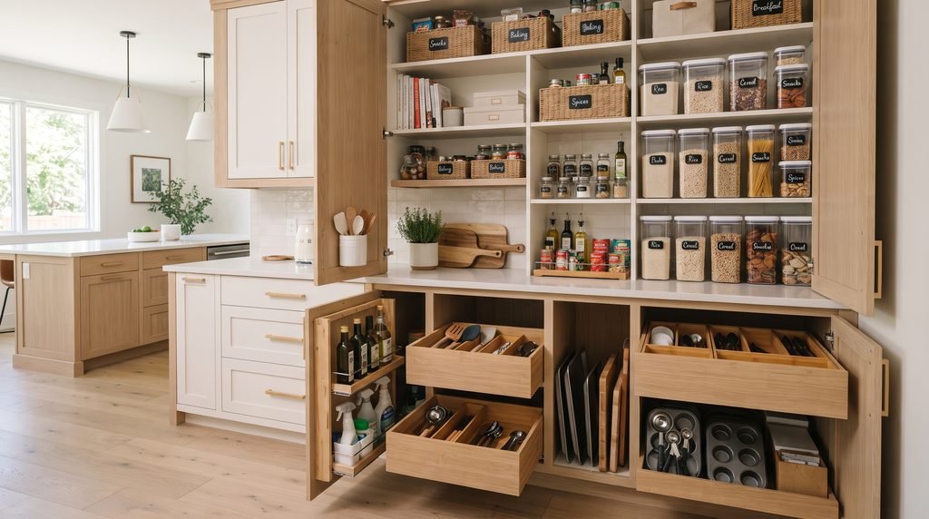 Modern kitchen pantry with organized storage containers, bins, and cabinet organizers