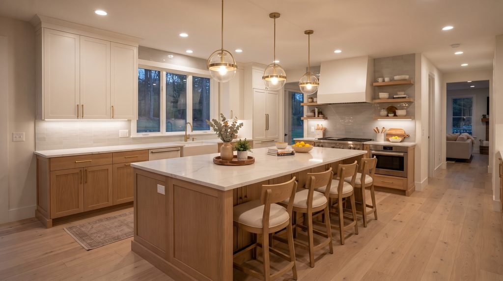 Modern kitchen island with pendant lights, counter stools, and layered lighting