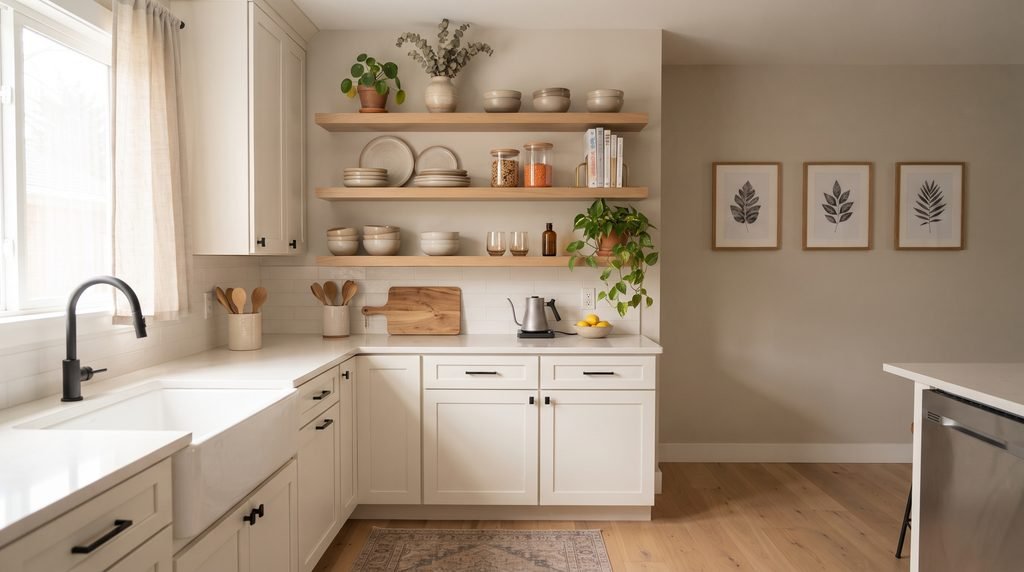 Modern kitchen with open shelves, ceramic decor, artwork, and greenery