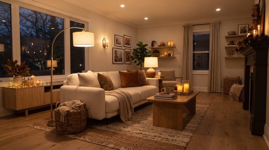 Cozy Fall and Winter living room with layered warm lighting, lamps, candles, and natural decor