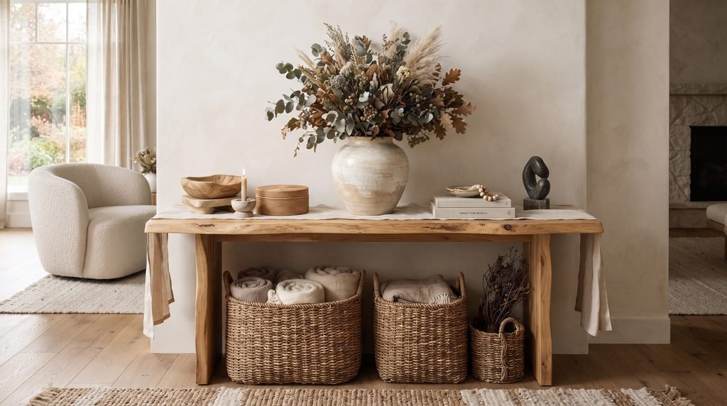 Natural home decor with wood, rattan baskets, ceramic vase, dried branches, and greenery