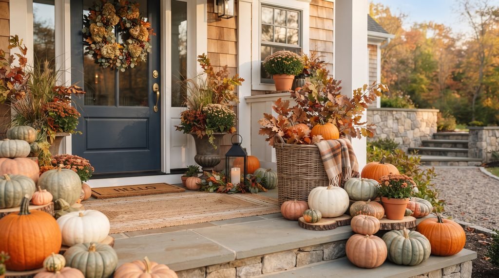 Cozy fall porch with orange, cream, white, and green pumpkins around the front door