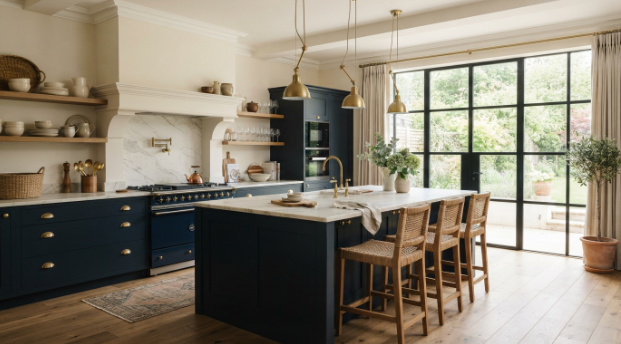 Aesthetic kitchen ideas with sage green cabinets and warm white paint