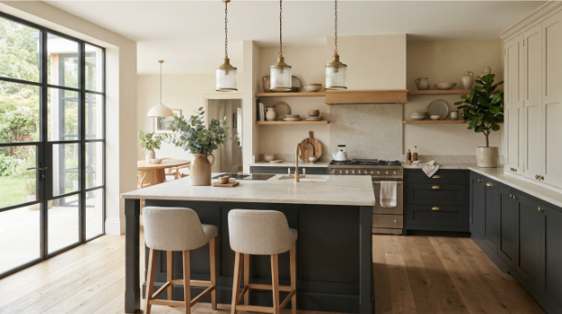 Aesthetic kitchen ideas with sage green cabinets and warm white paint