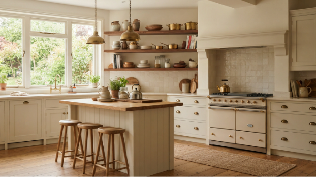 Aesthetic kitchen ideas with sage green cabinets and warm white paint