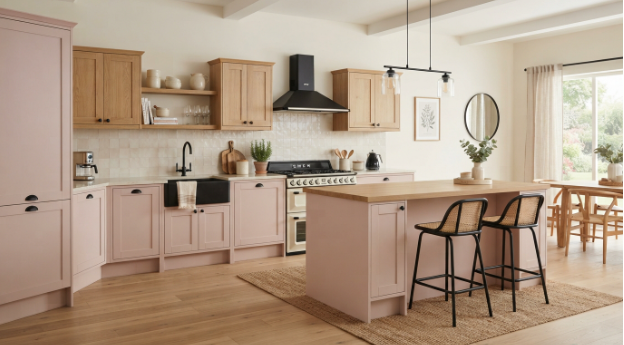 Aesthetic kitchen ideas with sage green cabinets and warm white paint