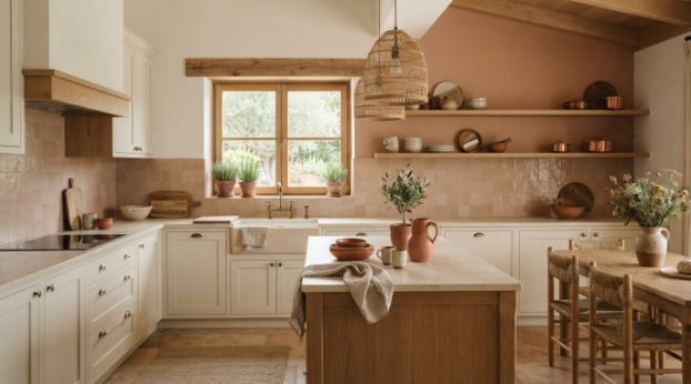 Aesthetic kitchen ideas with sage green cabinets and warm white paint