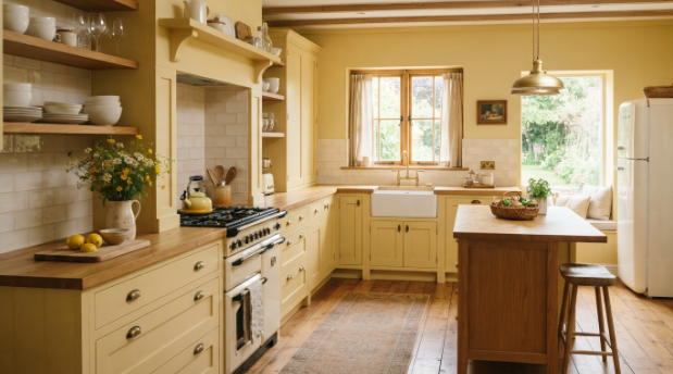 Aesthetic kitchen ideas with sage green cabinets and warm white paint