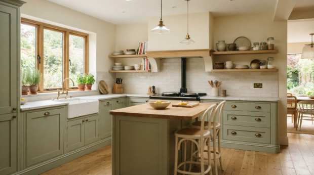 Aesthetic kitchen ideas with sage green cabinets and warm white paint