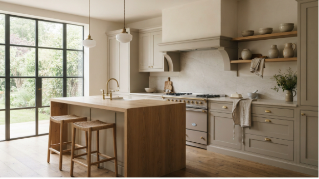 Aesthetic kitchen ideas with sage green cabinets and warm white paint