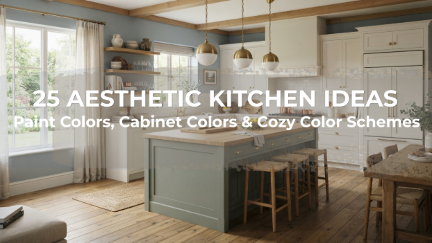 Aesthetic kitchen ideas with sage green cabinets and warm white paint