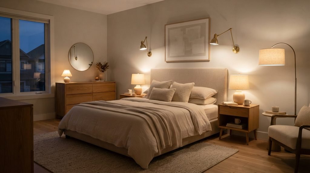 Cozy bedroom with layered warm lighting and bedside lamps