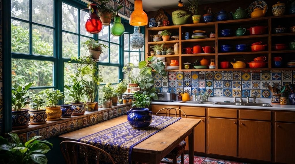 Boho kitchen with a patterned backsplash, warm wood cabinets and ceramic decor