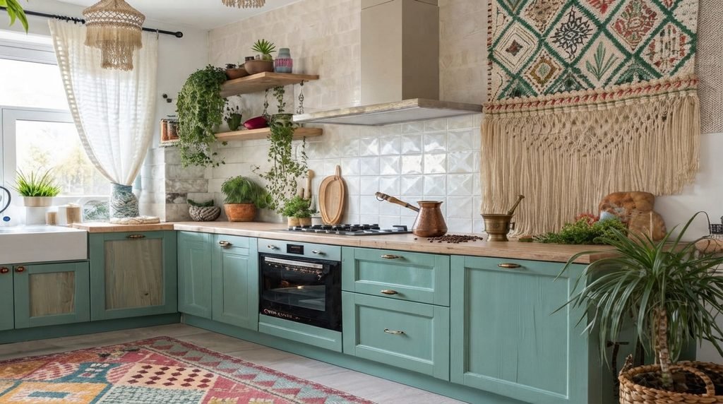 Cozy boho kitchen with warm wood, rattan lighting and indoor plants