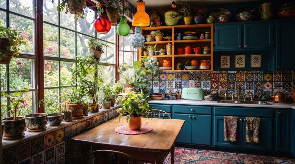 Boho kitchen decor with handmade ceramics, wooden accessories and woven baskets