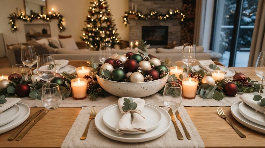 Christmas baubles in a bowl as a festive table centrepiece
