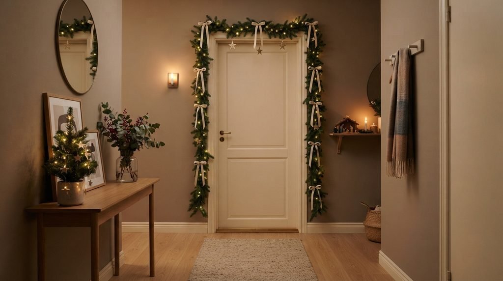 Christmas door frame decor with slim garland and hanging stars