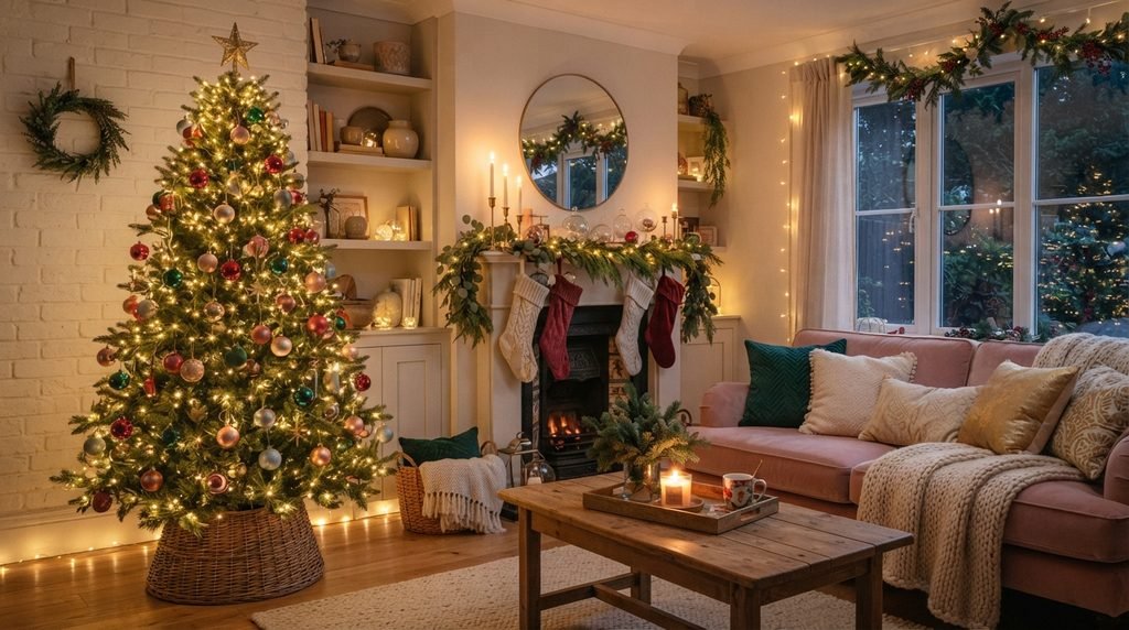 Christmas fairy lights in a cosy room