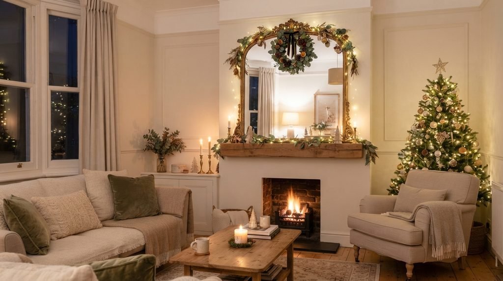 Christmas mirror decor with wreath and fairy lights in a small room