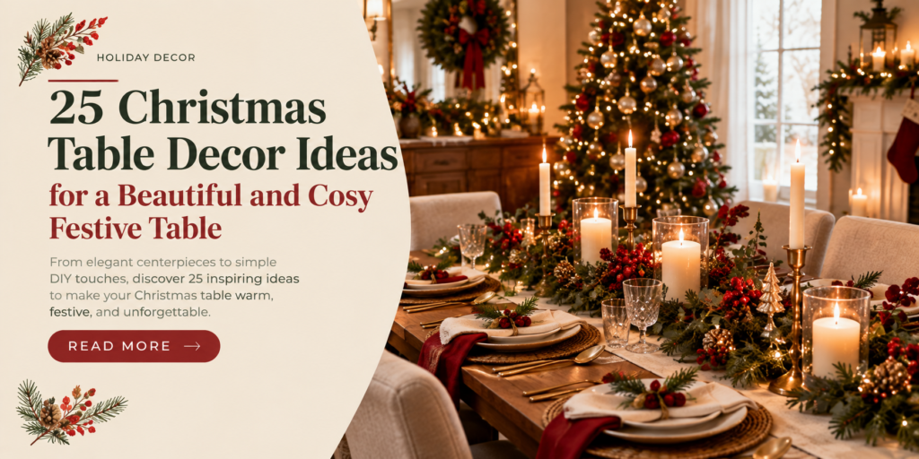 Christmas table decor with greenery, candles and festive place settings