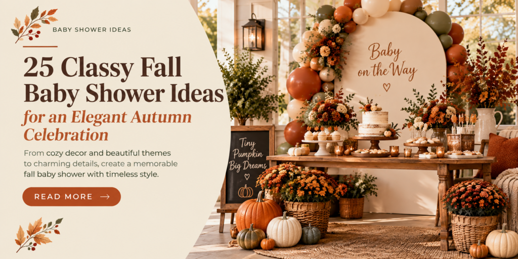 Classy fall baby shower with neutral pumpkins, flowers and elegant autumn decor